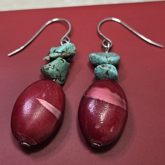 Vintage Red Bead and Turquoise Dangle Earrings Inclued Extra 925 Silver Hooks - Picture 10 of 17